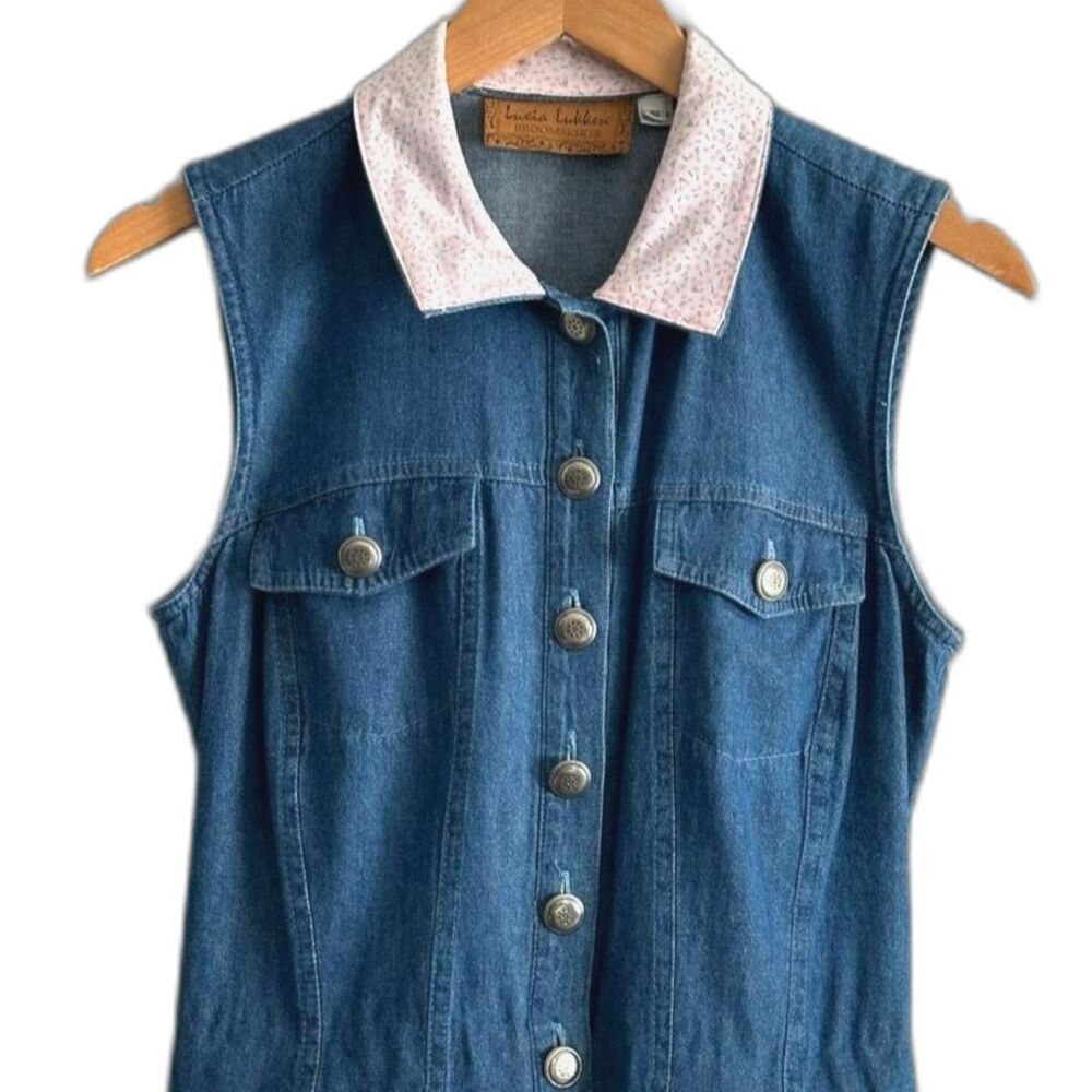 Vtg Lucia Lukken Broom Skirts Dress Blue Denim Vest Pink Floral Skirt Size Small - Picture 4 of 8